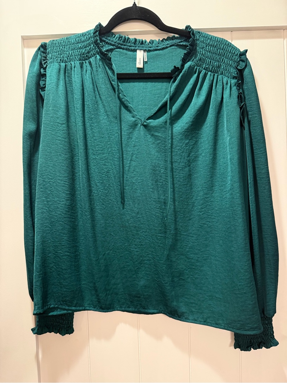 glam Teal Smocked Yoke Long Sleeve Blouse